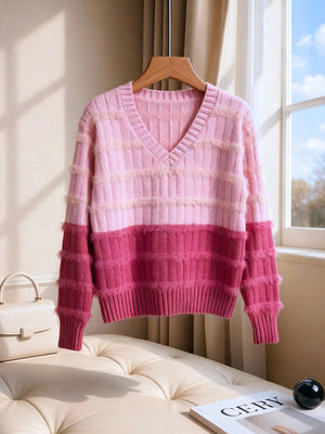 Women's Contrast Color V - Neck Long Sleeve Casual Loose Knit Sweater FD - Negative Apparel