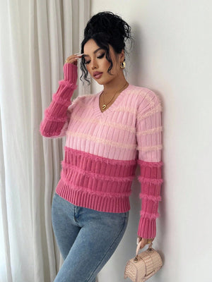 Women's Contrast Color V - Neck Long Sleeve Casual Loose Knit Sweater FD - Negative Apparel