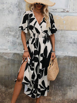 Women's cross - waist - flower printed split - ended dress - Negative Apparel