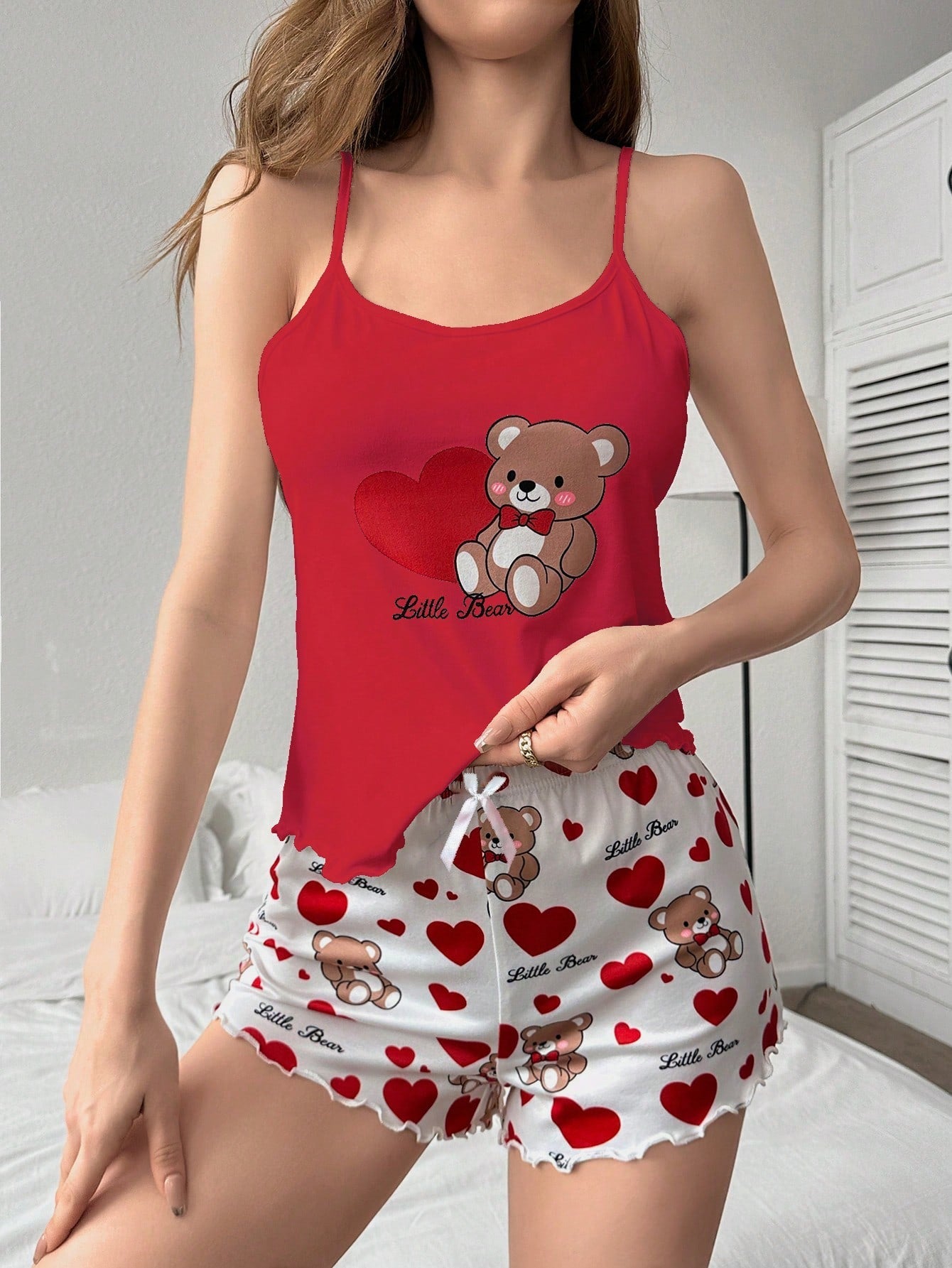 Women's Cute Bear Print Camisole Top And Shorts Pajama Set - Negative Apparel