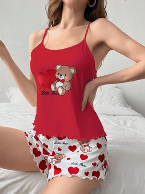 Women's Cute Bear Print Camisole Top And Shorts Pajama Set - Negative Apparel