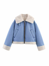 Women’s Denim Color - Block Casual Jacket | Loose Lapel Zip - Up Korean Style Short Coat - Negative Apparel