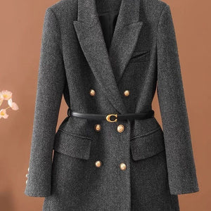 Women’s Double - Breasted Blazer with Free Belt – Slim Fit Long Small Suit | Elegant POLO Collar Commuter Style - Negative Apparel