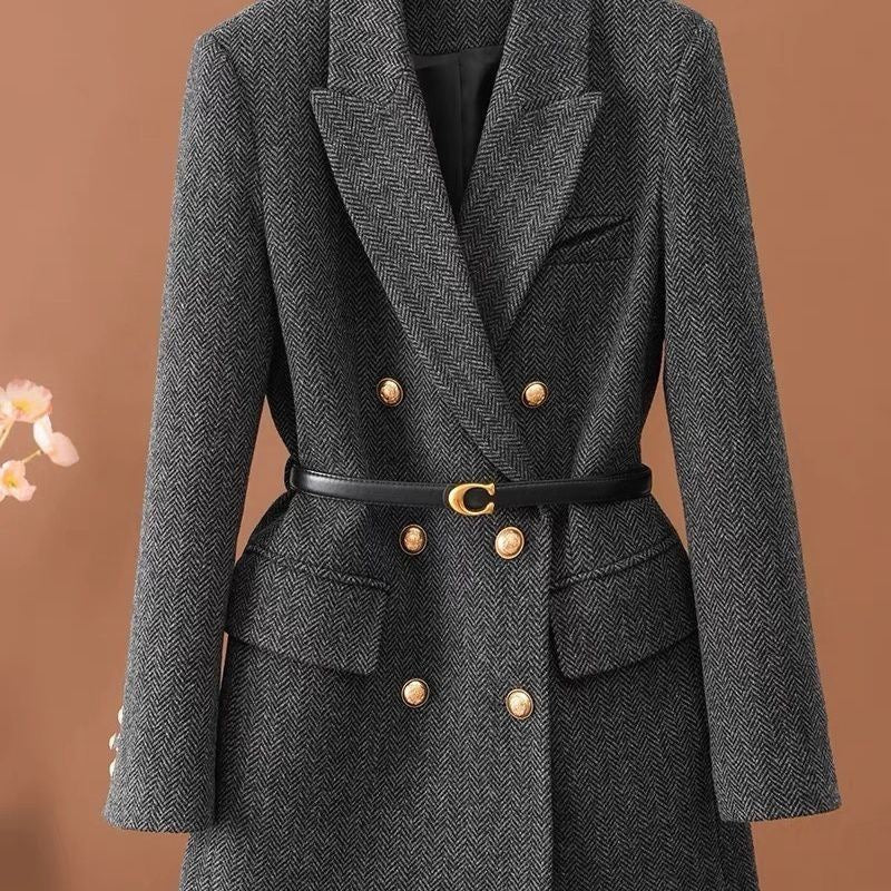 Women’s Double - Breasted Blazer with Free Belt – Slim Fit Long Small Suit | Elegant POLO Collar Commuter Style - Negative Apparel