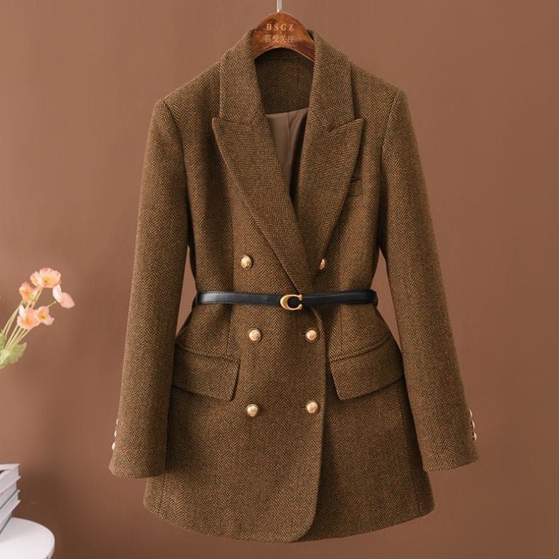 Women’s Double - Breasted Blazer with Free Belt – Slim Fit Long Small Suit | Elegant POLO Collar Commuter Style - Negative Apparel