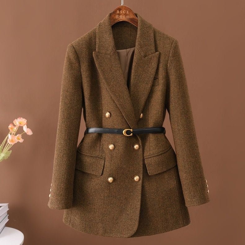 Women’s Double - Breasted Blazer with Free Belt – Slim Fit Long Small Suit | Elegant POLO Collar Commuter Style - Negative Apparel