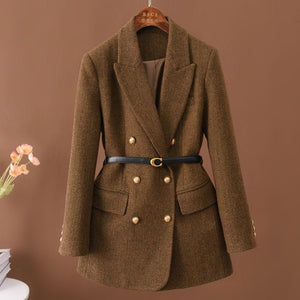 Women’s Double - Breasted Blazer with Free Belt – Slim Fit Long Small Suit | Elegant POLO Collar Commuter Style - Negative Apparel