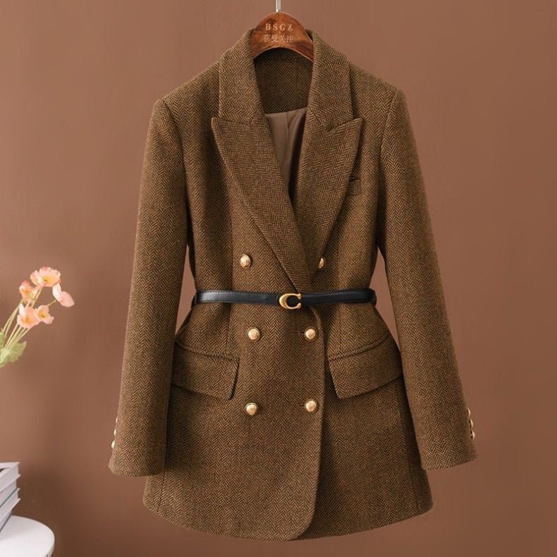 Women’s Double - Breasted Blazer with Free Belt – Slim Fit Long Small Suit | Elegant POLO Collar Commuter Style - Negative Apparel