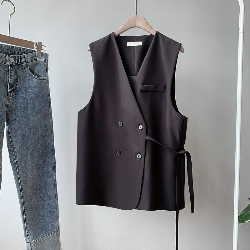 Women’s Double - Breasted Vest – Loose Fit Cardigan Style | Solid Color Japanese & Korean Casual Outerwear - Negative Apparel