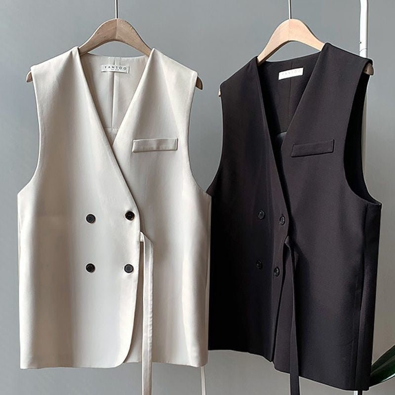 Women’s Double - Breasted Vest – Loose Fit Cardigan Style | Solid Color Japanese & Korean Casual Outerwear - Negative Apparel