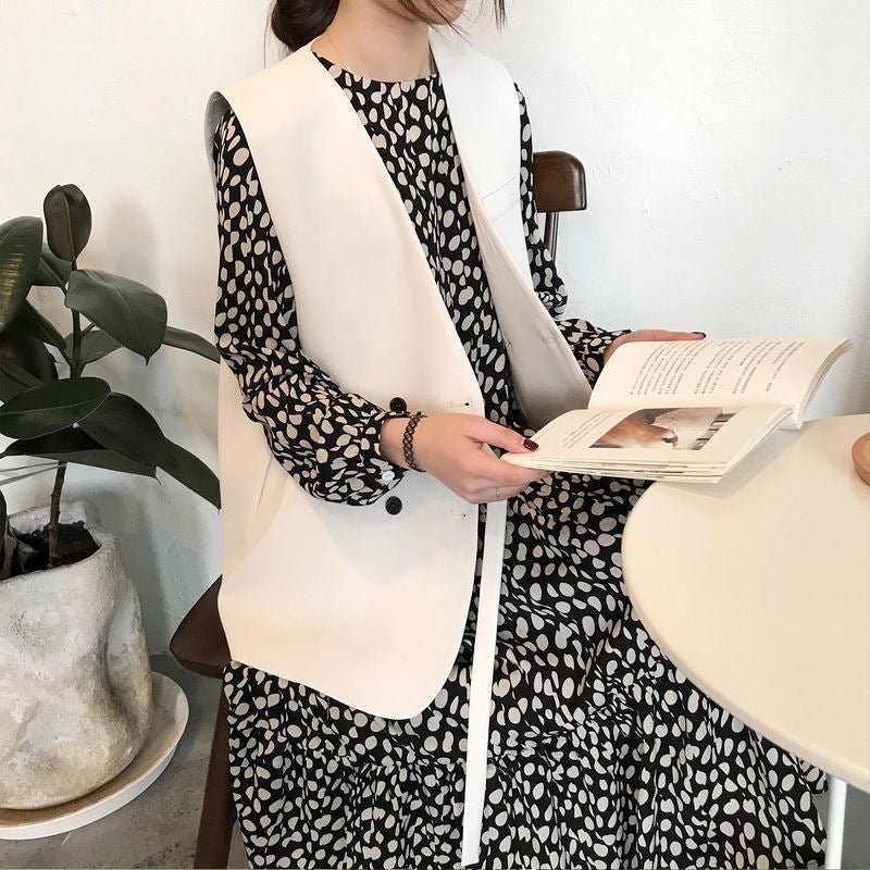 Women’s Double - Breasted Vest – Loose Fit Cardigan Style | Solid Color Japanese & Korean Casual Outerwear - Negative Apparel