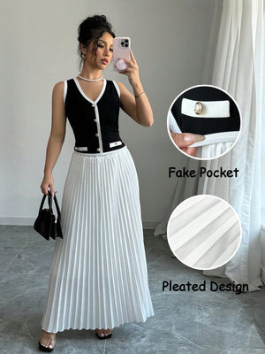 Women's Elegant 2 Piece Set: Color Block Single - Breasted Vest And Pleated Mini Skirt - Negative Apparel