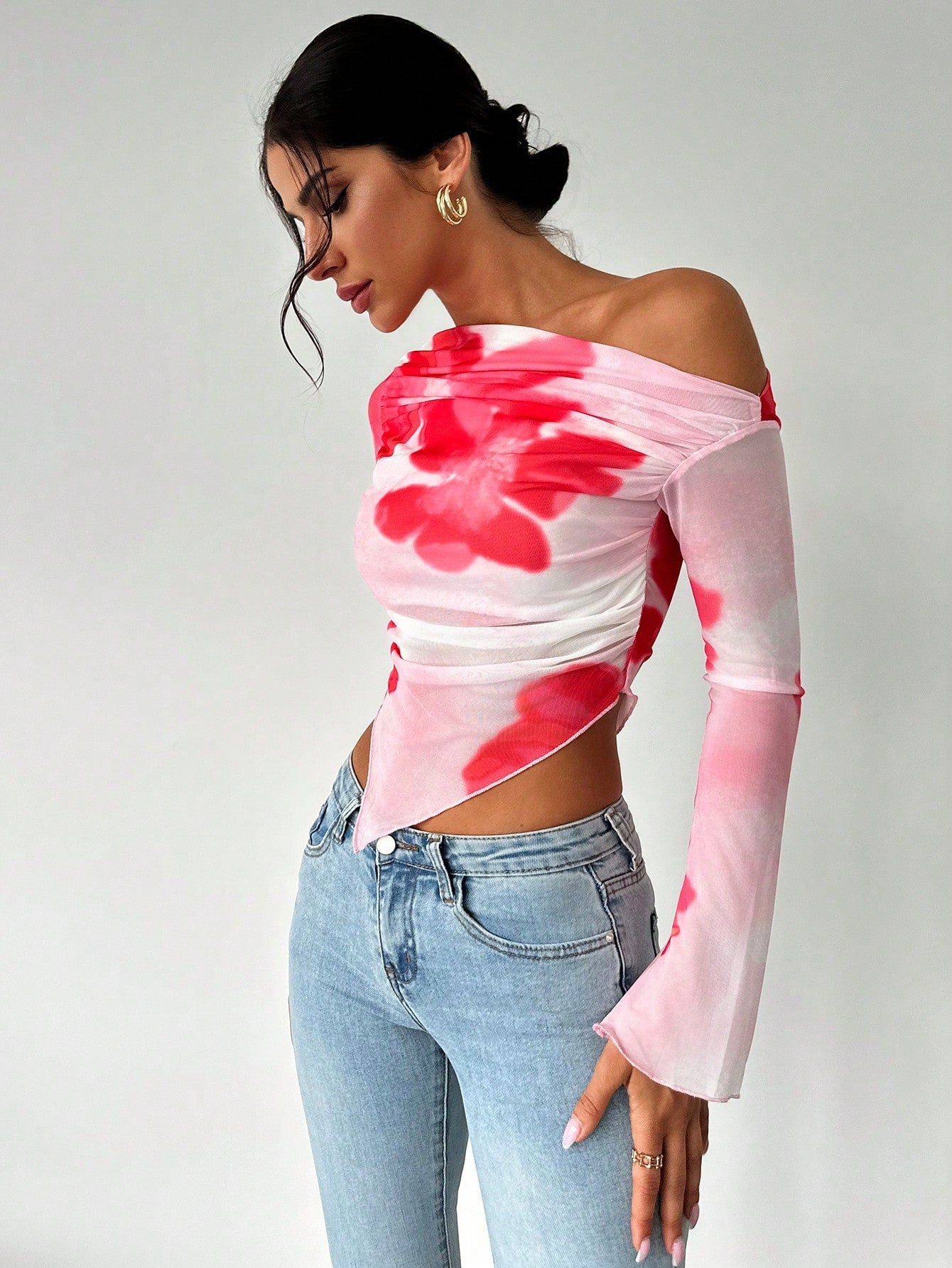 Women's Elegant Asymmetric Hem Tie - Dye Gradient Print Open Shoulder Long Sleeve T-Shirt, Graphic Tee - Negative Apparel