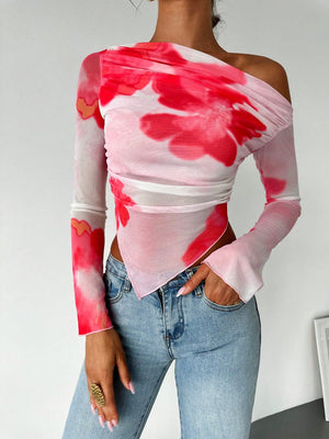 Women's Elegant Asymmetric Hem Tie - Dye Gradient Print Open Shoulder Long Sleeve T-Shirt, Graphic Tee - Negative Apparel