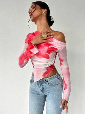 Women's Elegant Asymmetric Hem Tie - Dye Gradient Print Open Shoulder Long Sleeve T-Shirt, Graphic Tee - Negative Apparel