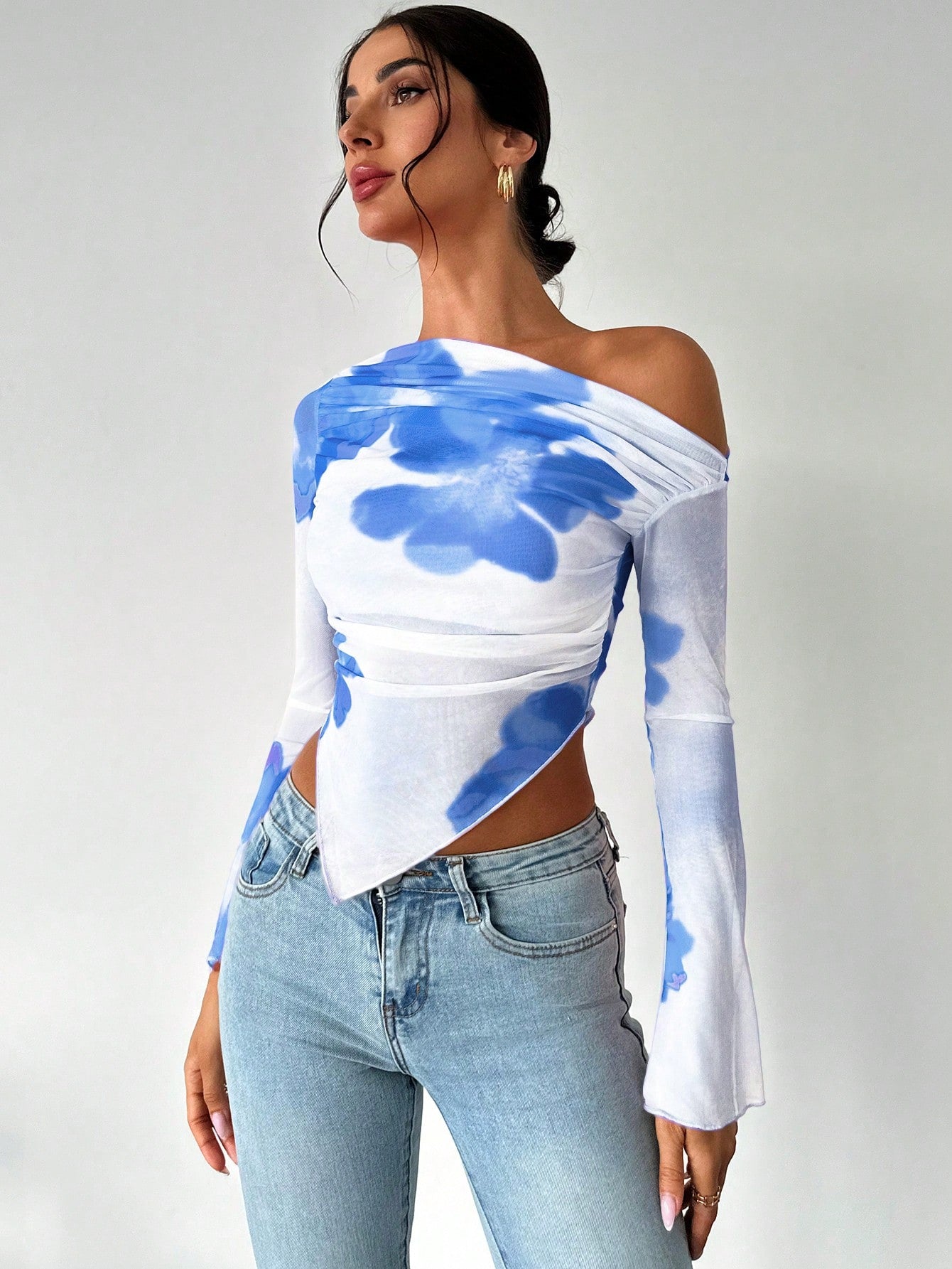 Women's Elegant Asymmetric Hem Tie - Dye Gradient Print Open Shoulder Long Sleeve T-Shirt, Graphic Tee - Negative Apparel