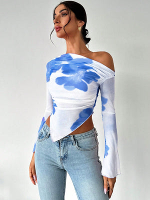 Women's Elegant Asymmetric Hem Tie - Dye Gradient Print Open Shoulder Long Sleeve T-Shirt, Graphic Tee - Negative Apparel