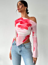 Women's Elegant Asymmetric Hem Tie - Dye Gradient Print Open Shoulder Long Sleeve T-Shirt, Graphic Tee - Negative Apparel