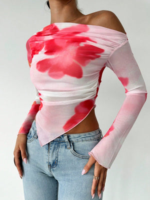 Women's Elegant Asymmetric Hem Tie - Dye Gradient Print Open Shoulder Long Sleeve T-Shirt, Graphic Tee - Negative Apparel