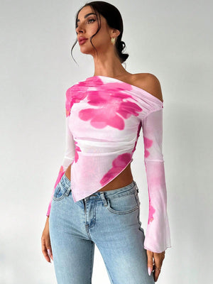 Women's Elegant Asymmetric Hem Tie - Dye Gradient Print Open Shoulder Long Sleeve T-Shirt, Graphic Tee - Negative Apparel