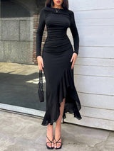 Women's Elegant Black Asymmetrical Ruffle Slim Pleated Long Dresse - Negative Apparel