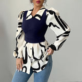 Women’s Elegant Fake Two - Piece Printed Shirt | Contrasting Color Bubble Sleeve Blouse - Negative Apparel