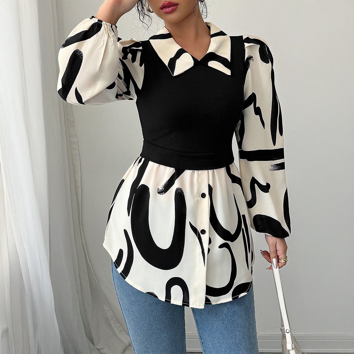 Women’s Elegant Fake Two - Piece Printed Shirt | Contrasting Color Bubble Sleeve Blouse - Negative Apparel