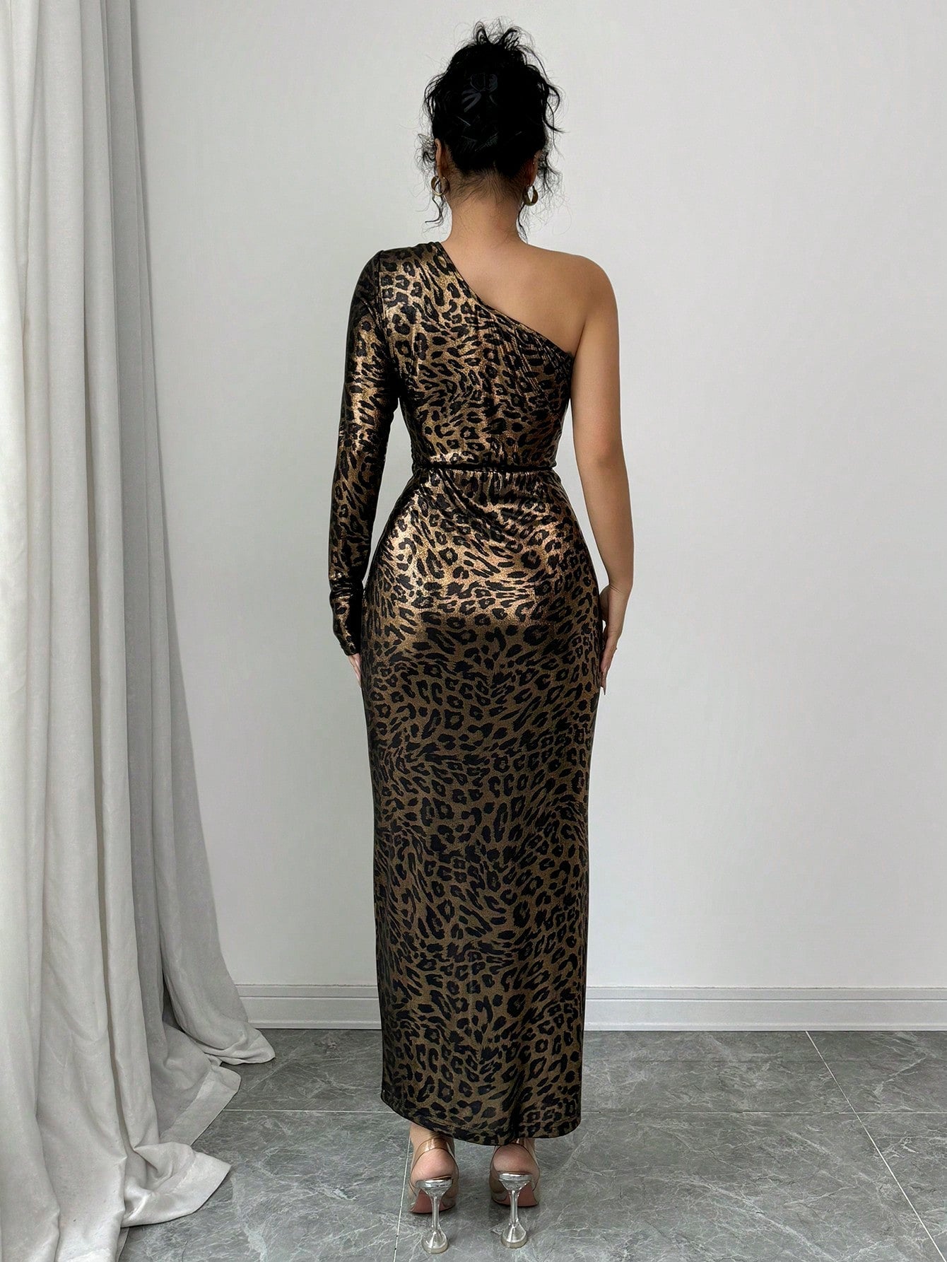 Women's Elegant French Leopard Print Metallic Fabric Long Sleeve Dress With Waist Torsion And Slit, Suitable For Commute, Party - Negative Apparel