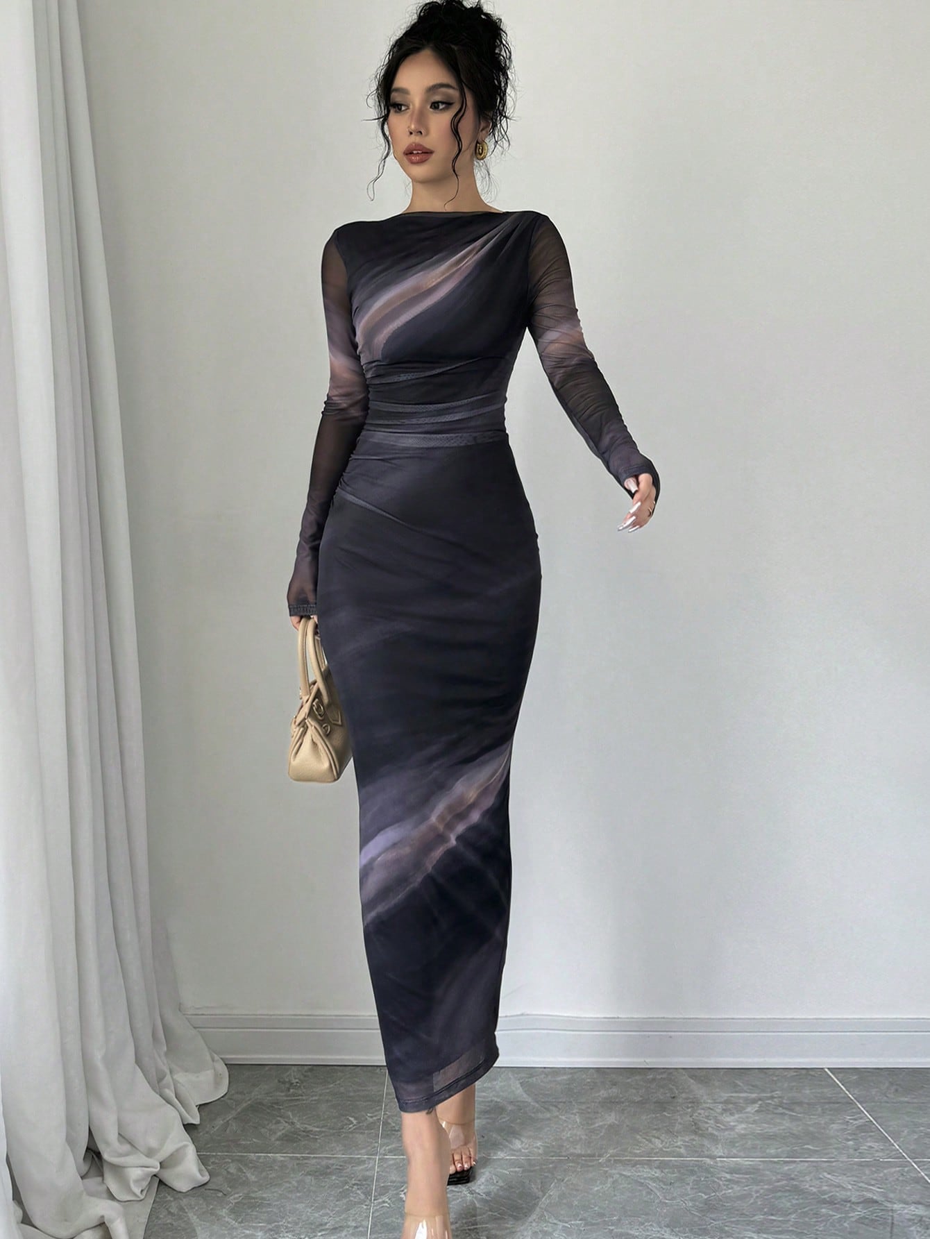 Women's Elegant Long Sleeve Tie - Dye Print Pleated Dress,Tie Dye Printed Long Sleeve Long Maxi Bodycon Elegant Dress, Asymmetric Collar Long Sleeve Elegant Dress For Dating - Negative Apparel