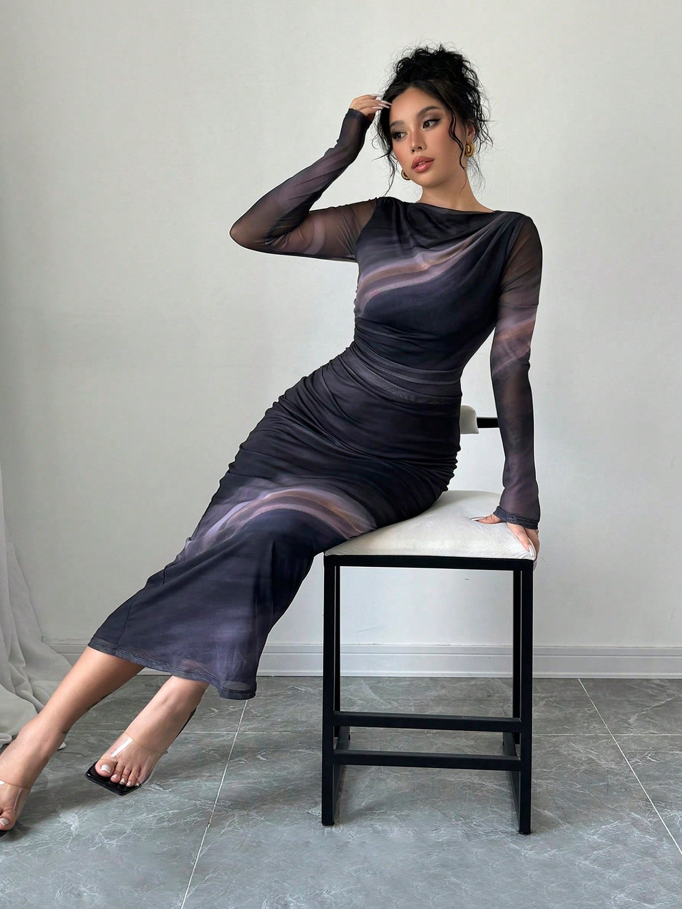 Women's Elegant Long Sleeve Tie-Dye Print Pleated Dress,Tie Negative Apparel Women's Elegant Long Sleeve Tie-Dye Print Pleated Dress,Tie Negative Apparel