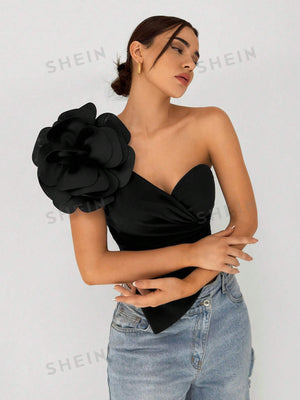 Women's Elegant One Shoulder 3D Flower Decorated Asymmetric Hem Black Top - Negative Apparel