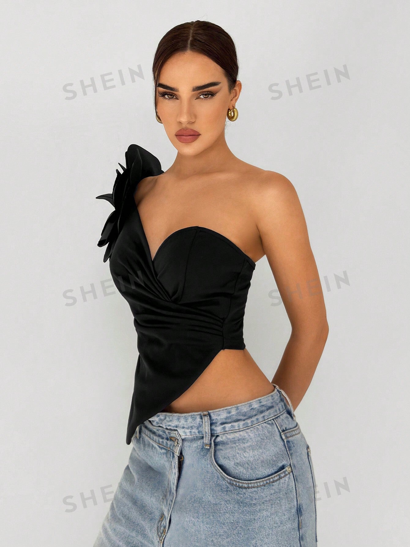 Women's Elegant One Shoulder 3D Flower Decorated Asymmetric Hem Black Top - Negative Apparel