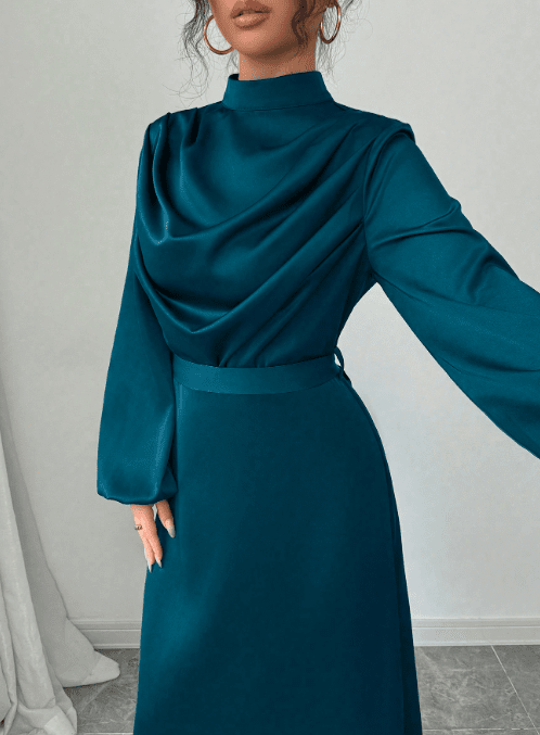 Women's Elegant Satin Shiny Ruched Drape Collar Long Sleeve Flared Dress - Negative Apparel