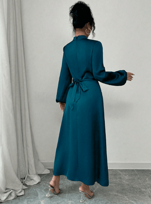 Women's Elegant Satin Shiny Ruched Drape Collar Long Sleeve Flared Dress - Negative Apparel