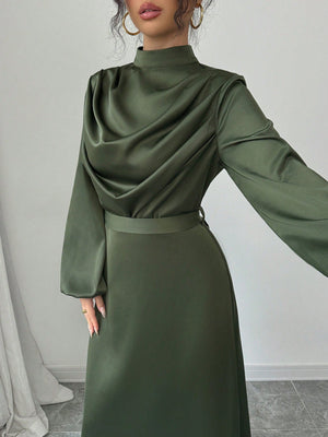 Women's Elegant Satin Shiny Ruched Drape Collar Long Sleeve Flared Dress - Negative Apparel