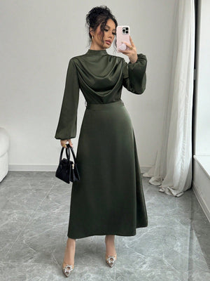 Women's Elegant Satin Shiny Ruched Drape Collar Long Sleeve Flared Dress - Negative Apparel