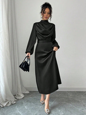 Women's Elegant Satin Shiny Ruched Drape Collar Long Sleeve Flared Dress - Negative Apparel