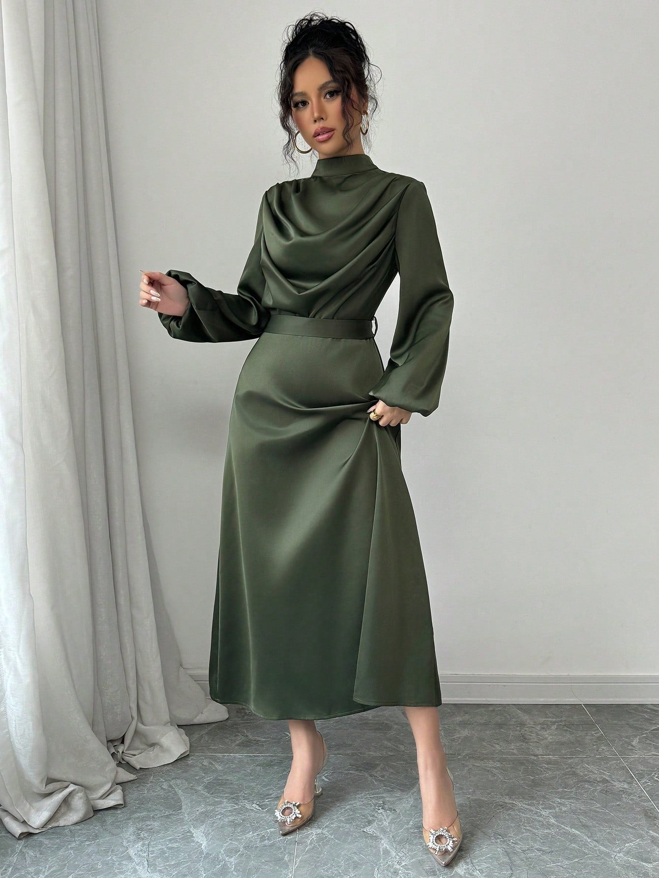 Women's Elegant Satin Shiny Ruched Drape Collar Long Sleeve Flared Dress - Negative Apparel