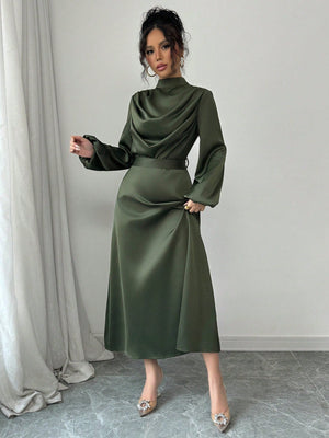 Women's Elegant Satin Shiny Ruched Drape Collar Long Sleeve Flared Dress - Negative Apparel