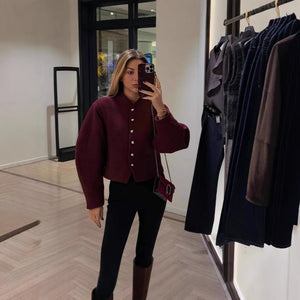 Women’s Elegant Short Polyester Jacket | Crew Neck Long Sleeve Spring Outerwear – Solid Color - Negative Apparel