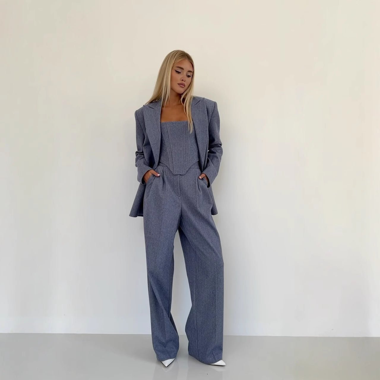 Women’s Elegant Two - Piece Pants Suit – Long Sleeve Polyester Casual Set in Grey or Pink | Temperament Commuter Style - Negative Apparel