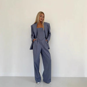 Women’s Elegant Two - Piece Pants Suit – Long Sleeve Polyester Casual Set in Grey or Pink | Temperament Commuter Style - Negative Apparel