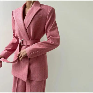 Women’s Elegant Two - Piece Pants Suit – Long Sleeve Polyester Casual Set in Grey or Pink | Temperament Commuter Style - Negative Apparel
