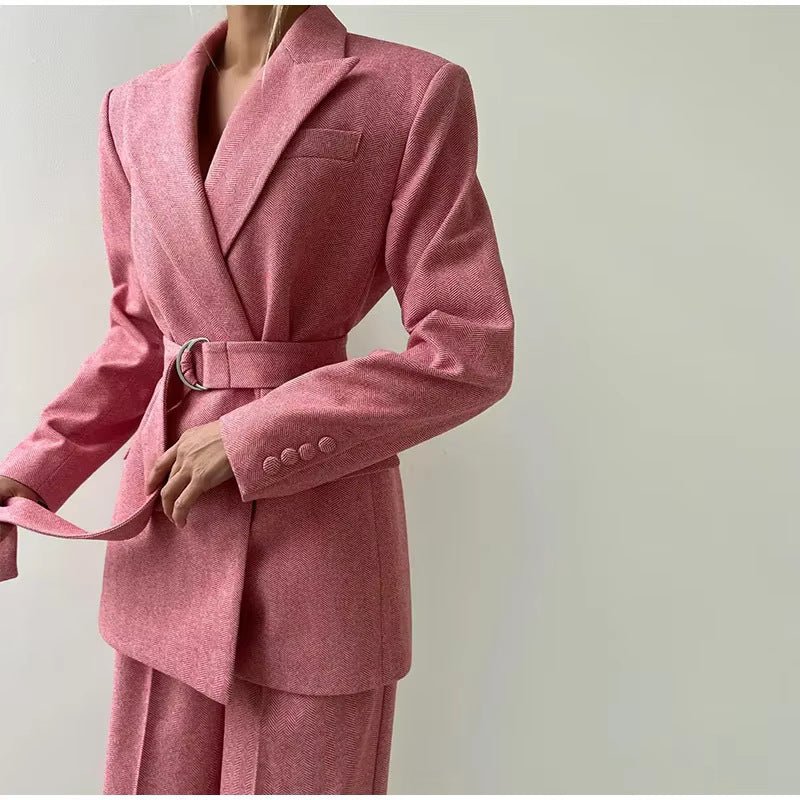 Women’s Elegant Two - Piece Pants Suit – Long Sleeve Polyester Casual Set in Grey or Pink | Temperament Commuter Style - Negative Apparel