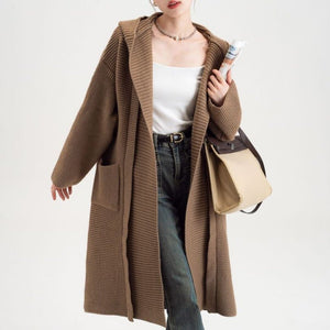Women’s Extra - Thick Hooded Knit Cardigan | Korean Loose Fit Wool Blend Long Sweater Coat for Autumn & Winter - Negative Apparel