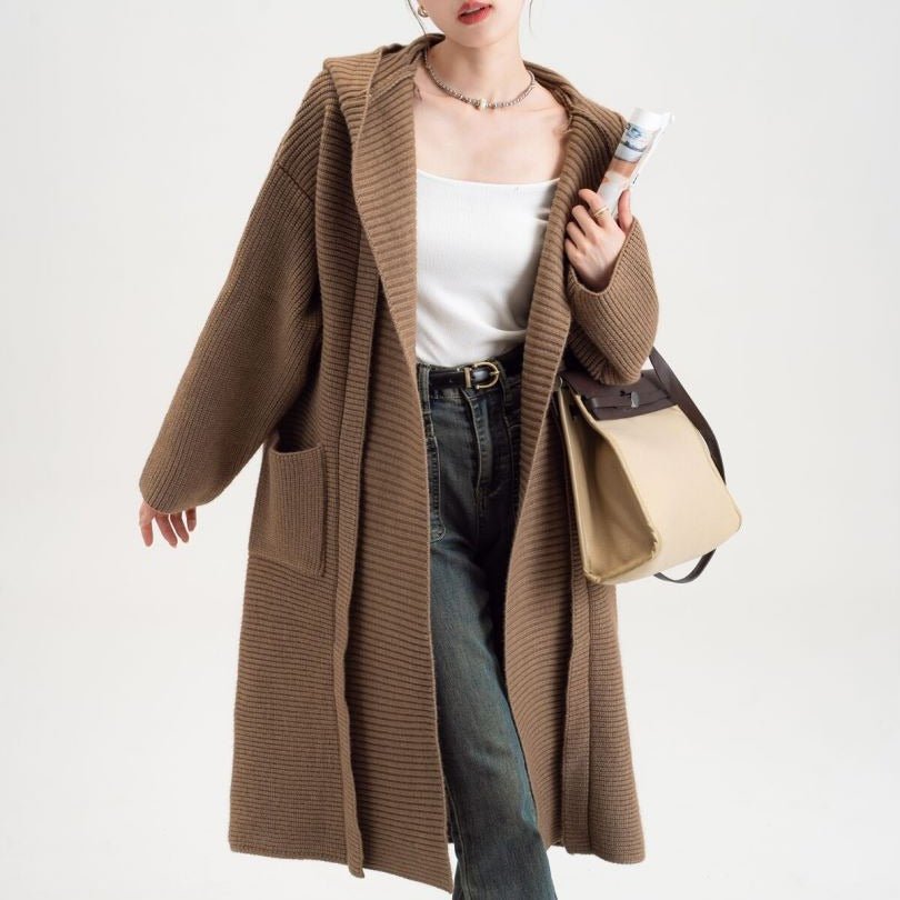Women’s Extra - Thick Hooded Knit Cardigan | Korean Loose Fit Wool Blend Long Sweater Coat for Autumn & Winter - Negative Apparel