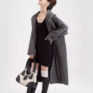 Women’s Extra - Thick Hooded Knit Cardigan | Korean Loose Fit Wool Blend Long Sweater Coat for Autumn & Winter - Negative Apparel