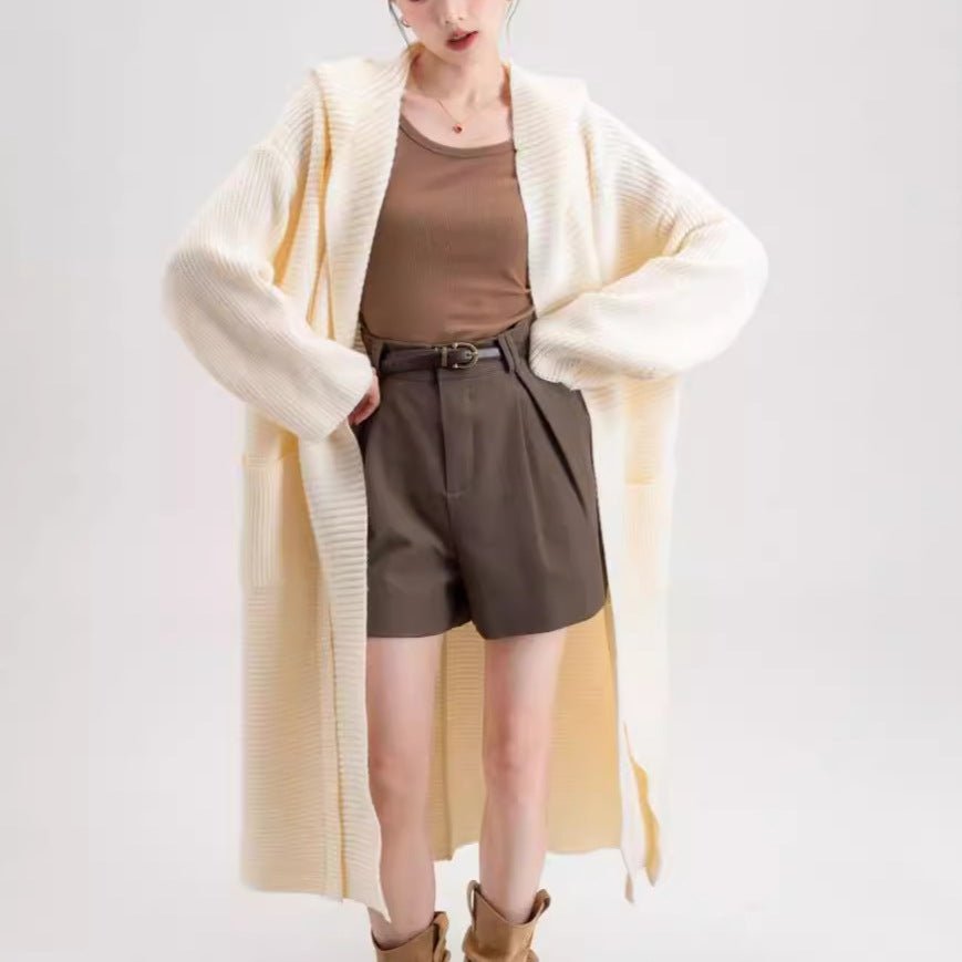 Women’s Extra - Thick Hooded Knit Cardigan | Korean Loose Fit Wool Blend Long Sweater Coat for Autumn & Winter - Negative Apparel