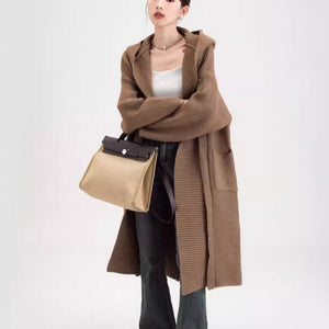 Women’s Extra - Thick Hooded Knit Cardigan | Korean Loose Fit Wool Blend Long Sweater Coat for Autumn & Winter - Negative Apparel