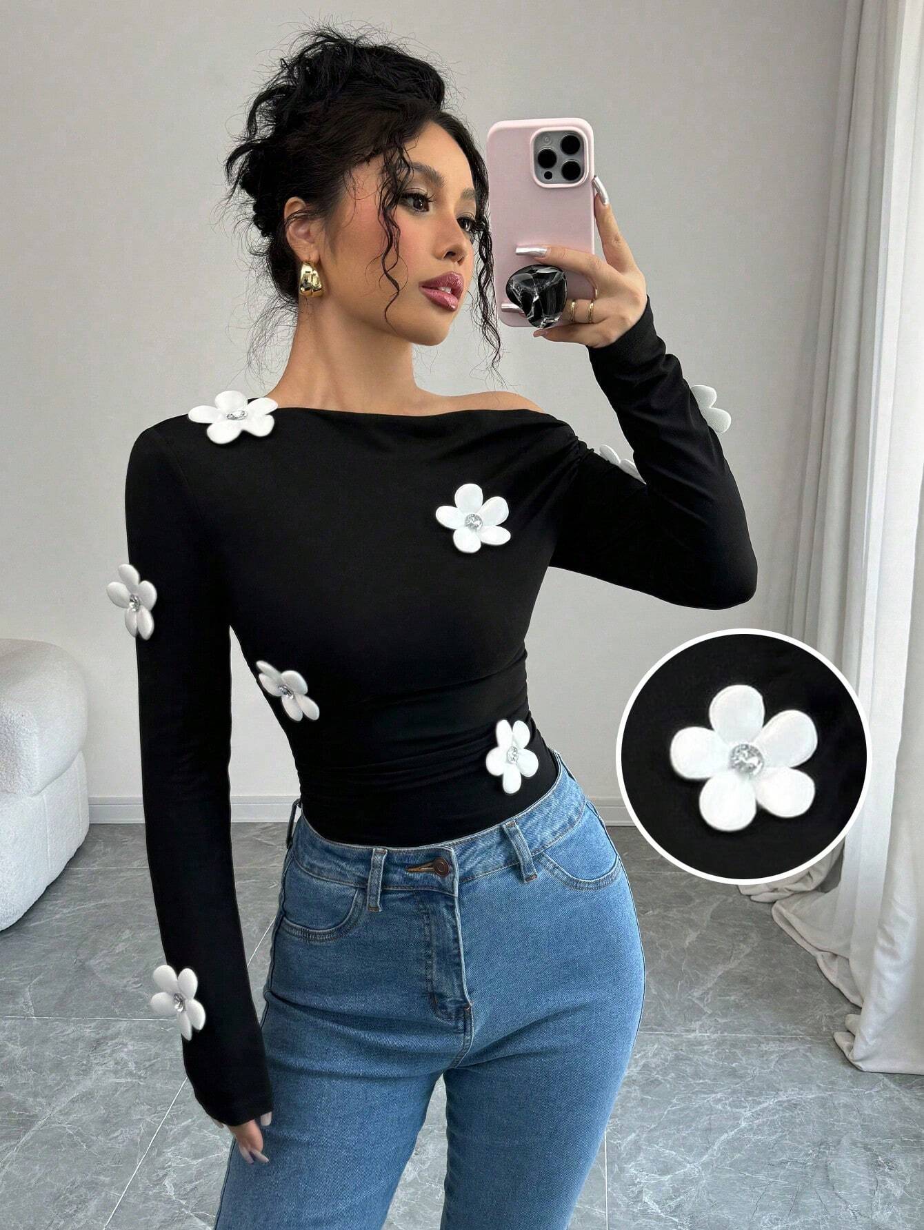 Women's Fashion Floral Print Asymmetrical Shoulder Long Sleeve Tight T-Shirt Graphic Tees Women Tops FD - Negative Apparel